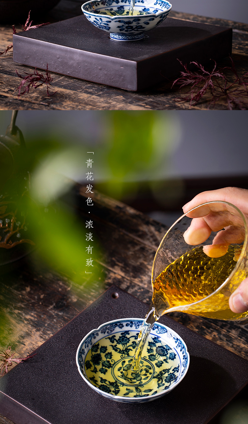 Holy big blue and white flowers and teacups hand - made ceramic kungfu archaize grain haitang expressions using tea cups of jingdezhen tea service master