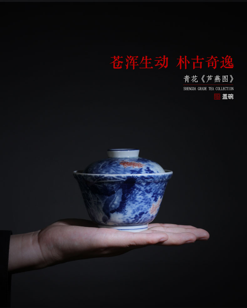 The large ceramic three tureen tea bowl of pure hand - made figure tureen jingdezhen blue and white LuYan tea set manually by hand