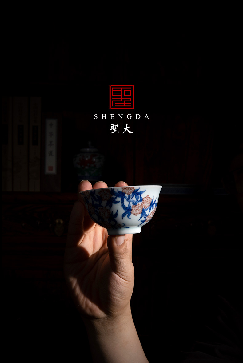 Holy big ceramic sample tea cup pure manual hand - made jingdezhen porcelain color red peach blossom put tattoo master cup kung fu tea cups