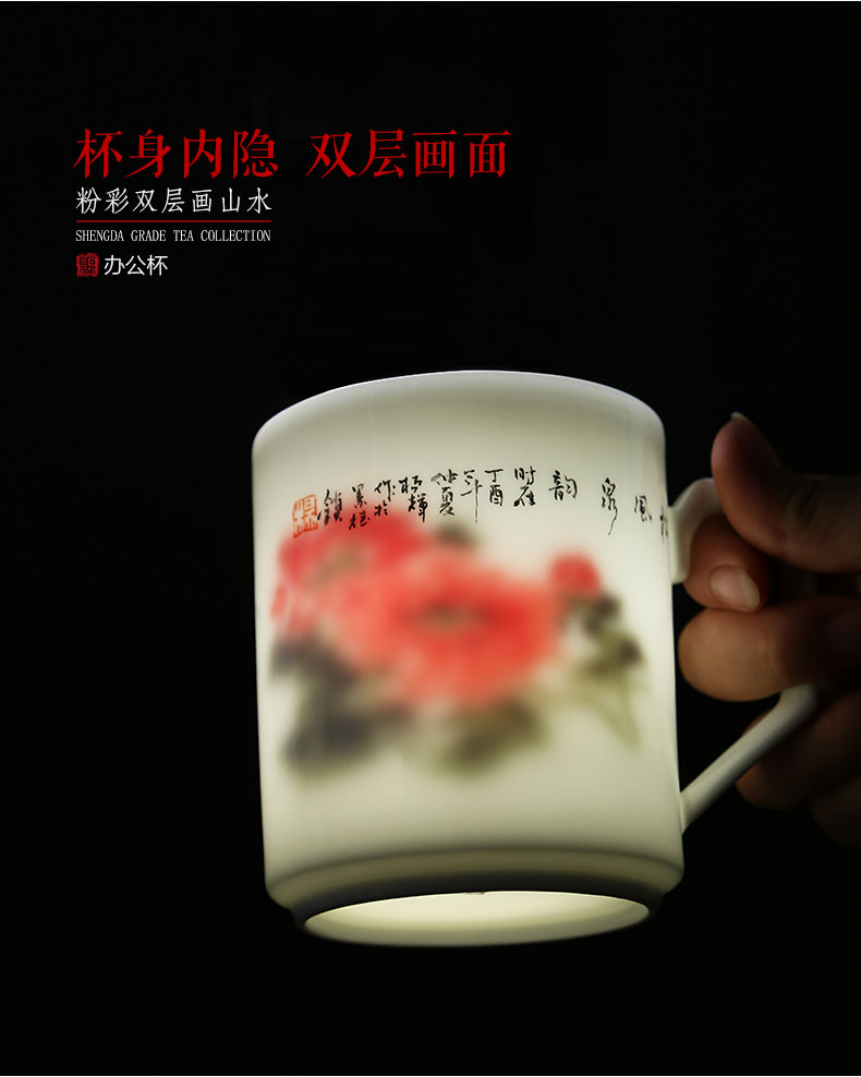 Holy big office cup hand - made ceramic pastel landscape double painting with cover cup boss cup tea cup of jingdezhen tea service