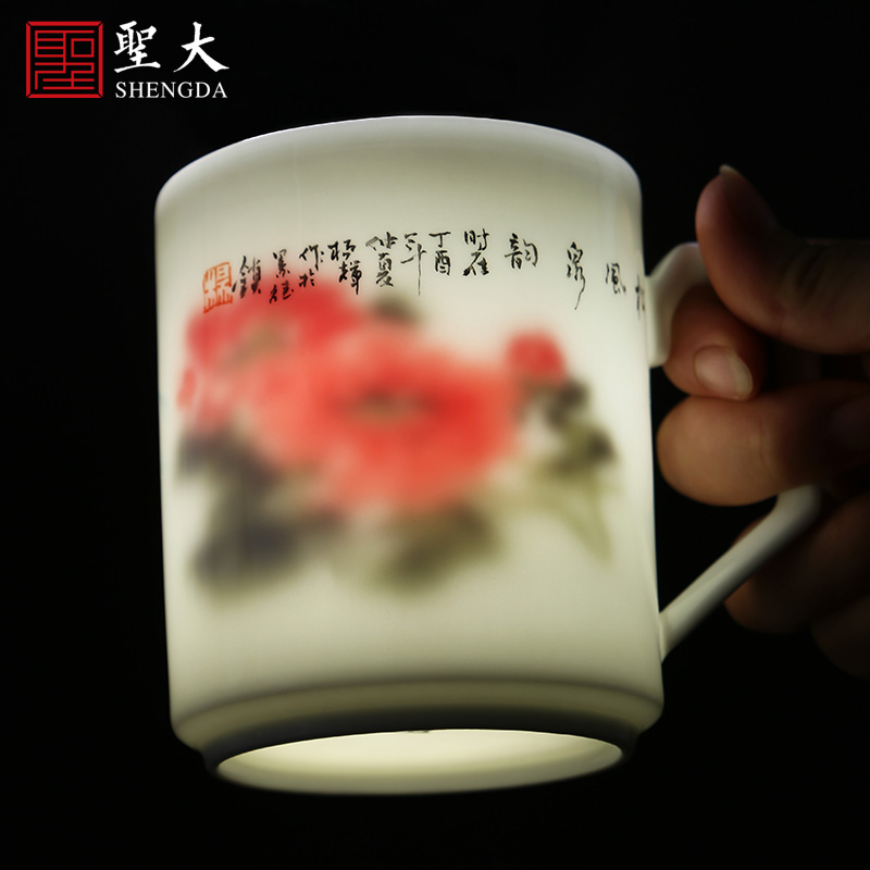 Holy big office cup hand - made ceramic pastel landscape double painting with cover cup boss cup tea cup of jingdezhen tea service