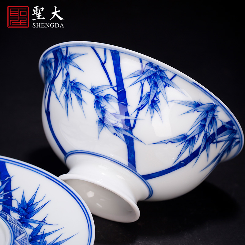 The large ceramic kung fu tea set three blue and white bamboo report peaceful tureen tureen hand - made all hand making tea bowl of tea cups