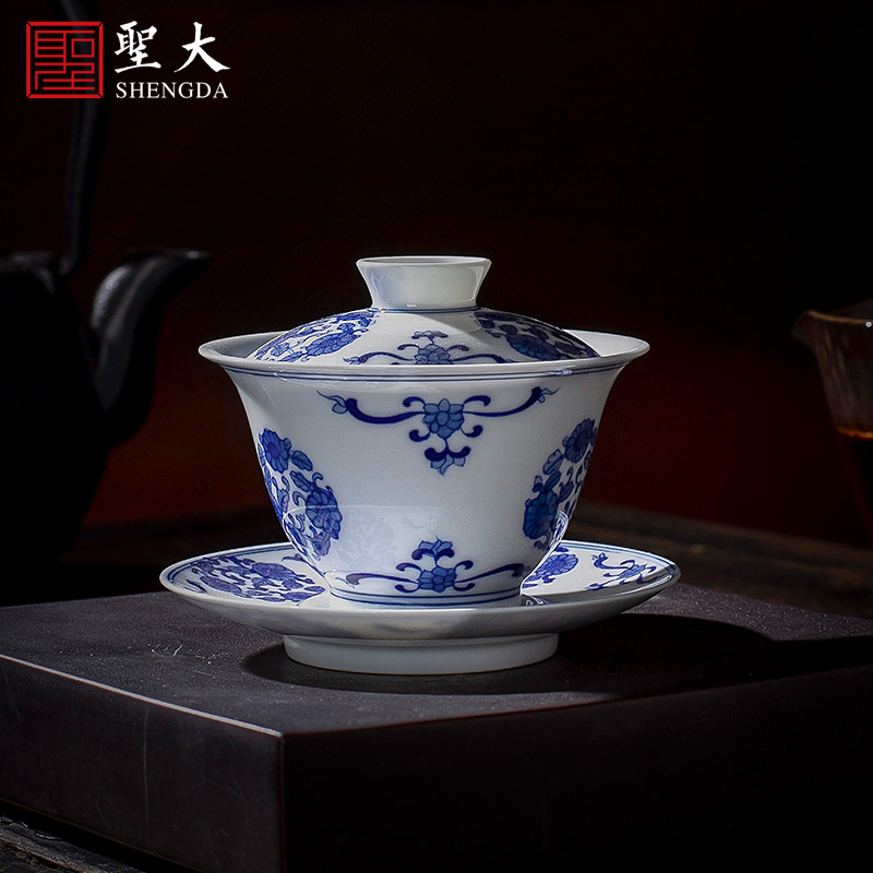 The big blue and white by lines 3 ceramic tureen teacups hand - made all hand jingdezhen kung fu tea set to make tea bowl