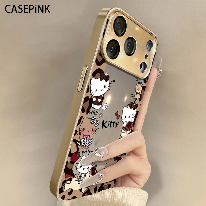 Suitable for iPhone 17 Pro Max Phone Case 2026 New Model High-End Cute Leopard Print Skirt Kt Cat Apple 16 Pro Super Popular Electroplated Mirror with Stand 15 Super Stylish Full-Cover Anti-Drop Protective Case