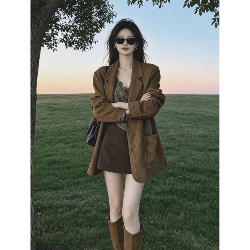 Retro Old Money Style Suede Lapel Blazer for Women, New Autumn Style, Loose Casual High-End Suit Top