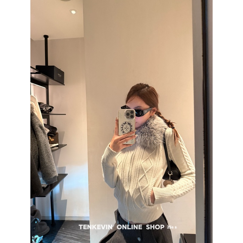 Eleven Stones, Stunning at First Glance! Eco-Friendly Faux Raccoon Fur Collar Knitted Cardigan for Women, Slim Fit, Cable Knit Sweater Jacket Ii