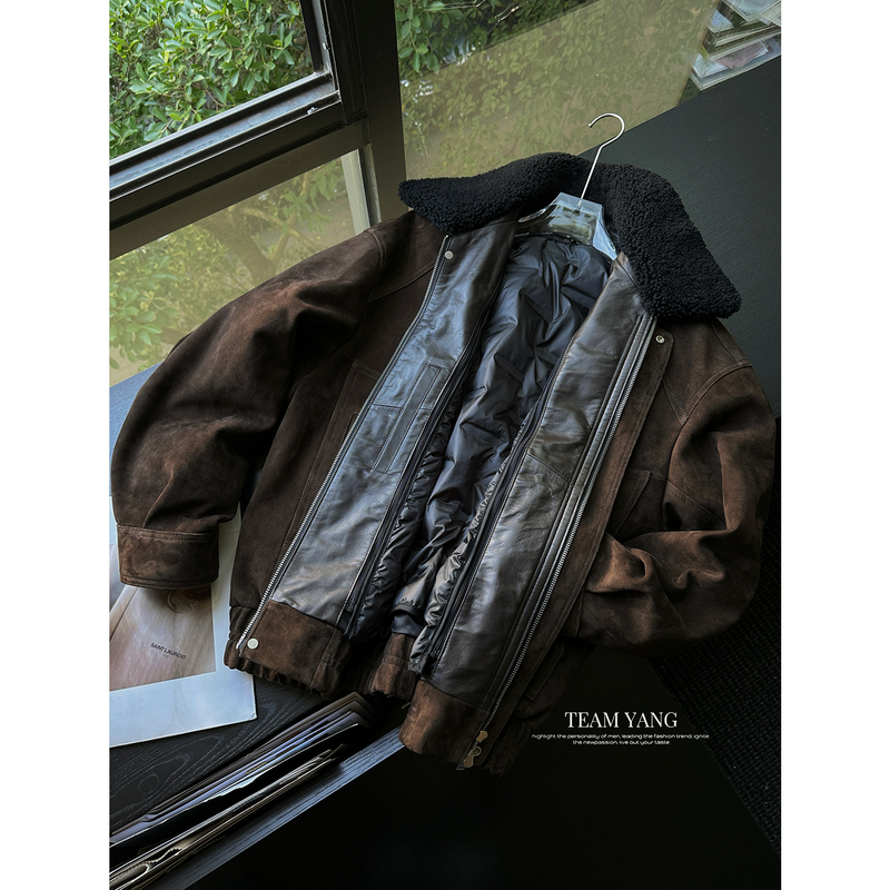 Team Yang's "Deep Brown Private Collection" Goat Leather Light Luxury Genuine Leather Jacket Winter Fur Collar Leather down Jacket 25339