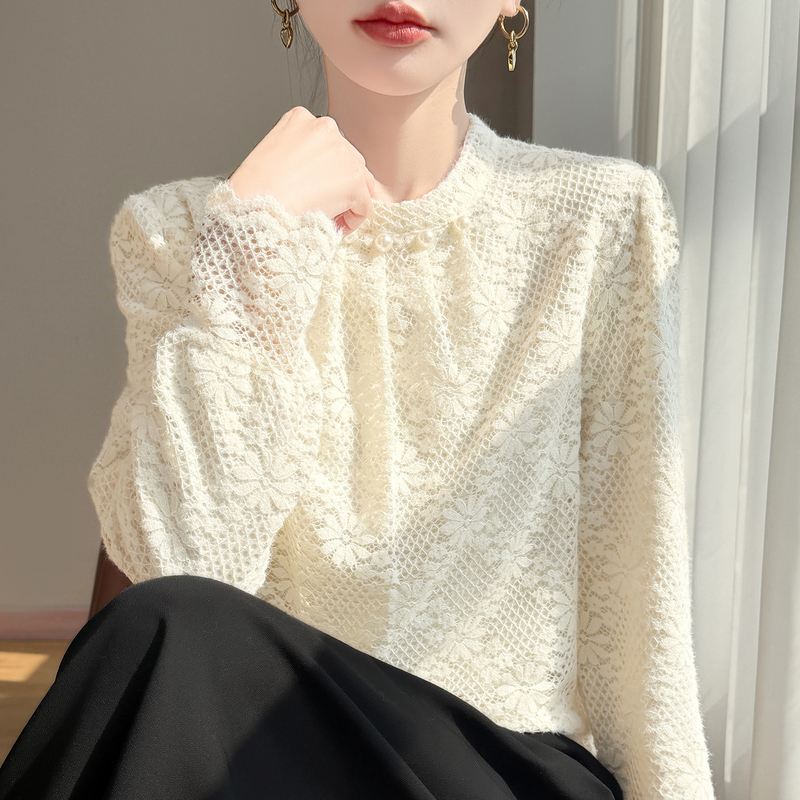 Chanel-Style Sweater with Thickened German Velvet, French Lace Crochet, Round-Neck Shirt, Knitted Top for Women, Warm Inner Wear