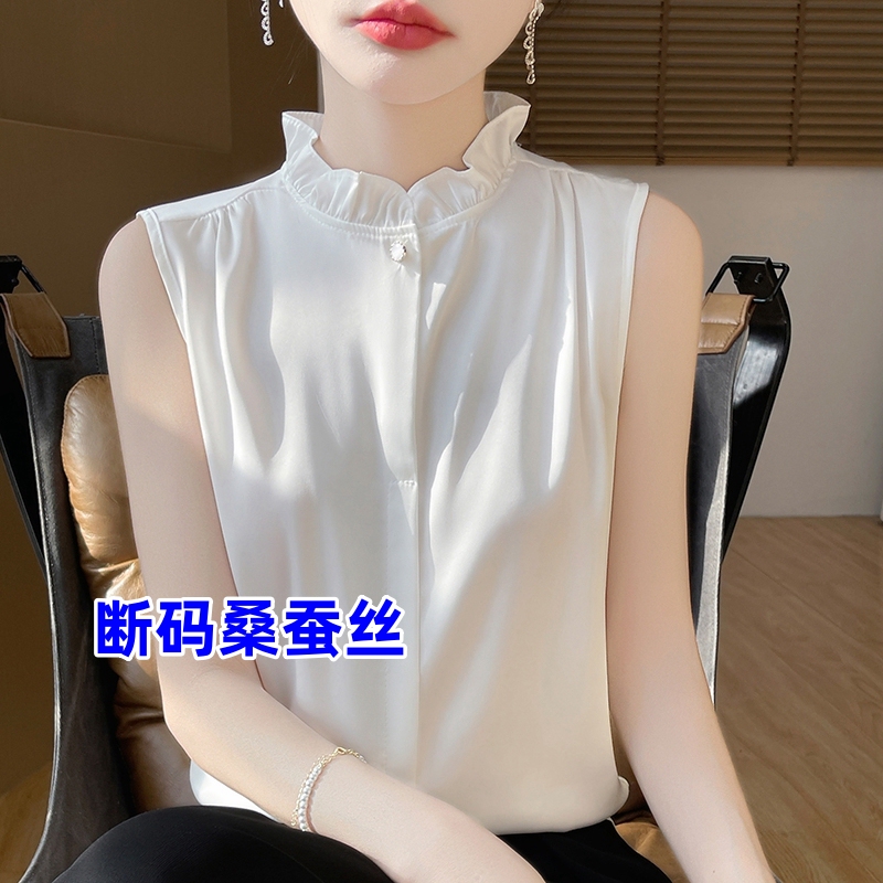 Silk Half-High Collar Lace Trim Sleeveless Tank Top for Women, Loose Fit, Sleeveless Camisole with Ruffled Edges, Mulberry Silk Top Silk Half-High Collar Lace Trim Sleeveless Tank Top for Women, Loose Fit, Sleeveless Camisole with Ruffled Edges, Mulberry Silk Top