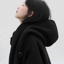 suin2021 winter New Korean version College loose a cloak hooded black woolen long coat female 8533