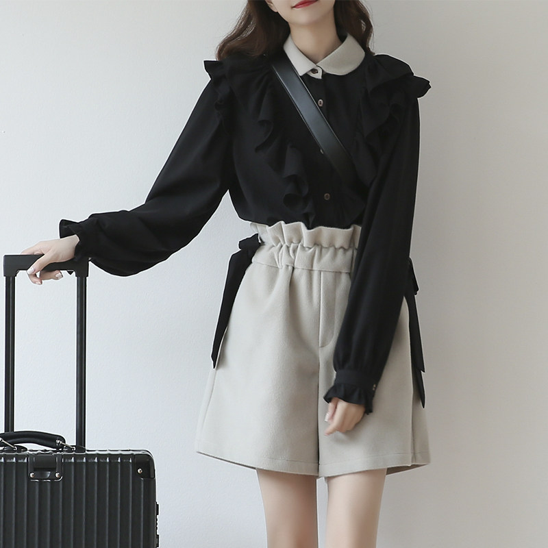 suin women's dress 2022 autumn winter new vintage woman agaric side sweet and beautiful wind shirt doll collar black long sleeve shirt