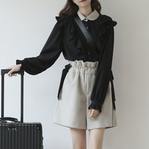 suin womens 2021 autumn and winter New Vintage Mori female wooden ear sweet shirt doll collar black long sleeve shirt