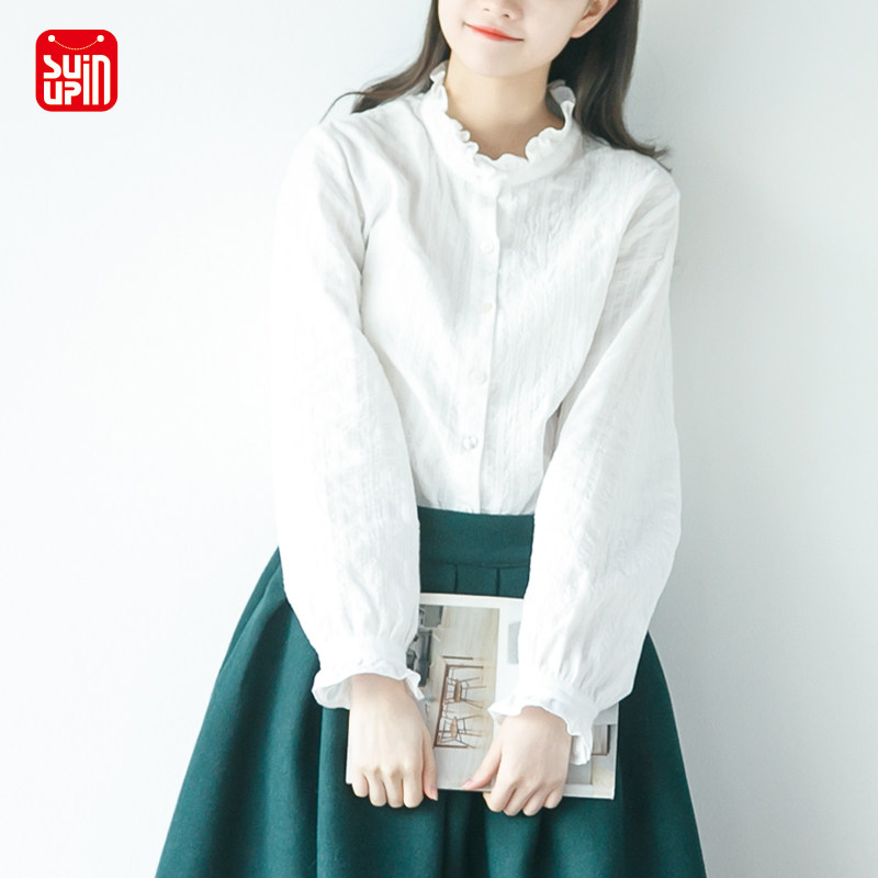 SUIN2021 spring and autumn new art retro wood ear collar shirt sweet Korean white long sleeve shirt women