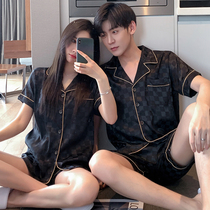 Couples pajamas womens summer ice silk short sleeves plus size plaid 2022 new thin sense of luxury one mens loungewear