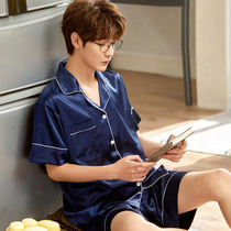 Mens Silk Pajamas Mens Summer Thin 2022 New Short Sleeves Ice Silk Set Summer Shorts Loungewear