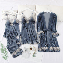 Gold velvet pajamas women spring and autumn thin sexy suspender chest cushion autumn winter 2022 new four-piece set of nightgowns