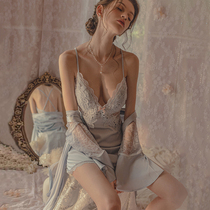Sexy slip dresses women summer ice silk pure desire with chest pads 2022 new lace thin silk pajamas women