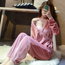 Gold velvet pajamas women spring and autumn thin sexy Japanese kimono 2022 new autumn winter long-sleeved net red home clothes