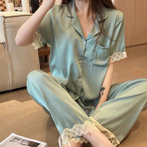 Silk pajamas women spring and autumn thin lace premium sense 2022 new summer ice silk three-piece set home wear