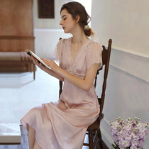 French nightgown with chest pad summer silk 2022 new sexy summer thin net red ice silk pajamas woman