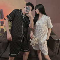 Silk pajamas womens summer ice silk couple set 2022 new premium summer plaid one mens loungewear