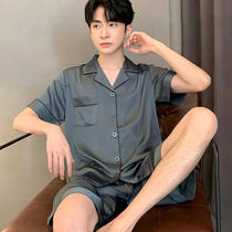 Ice silk pajamas mens summer 2022 new short sleeves silk thin set dad summer home wear high-end