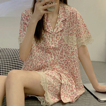 Summer pajamas womens ice silk premium sense sexy pink leopard print 2022 new short-sleeved thin silk homewear