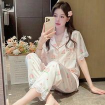 Silk pajamas spring and autumn womens net red wind ice silk 2022 new peach summer three-piece set home wear