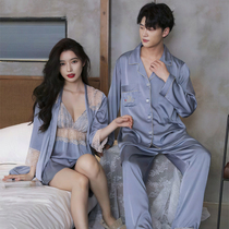 Ice silk slip dress women summer sexy lace 2022 new couple set one mens pajama silk