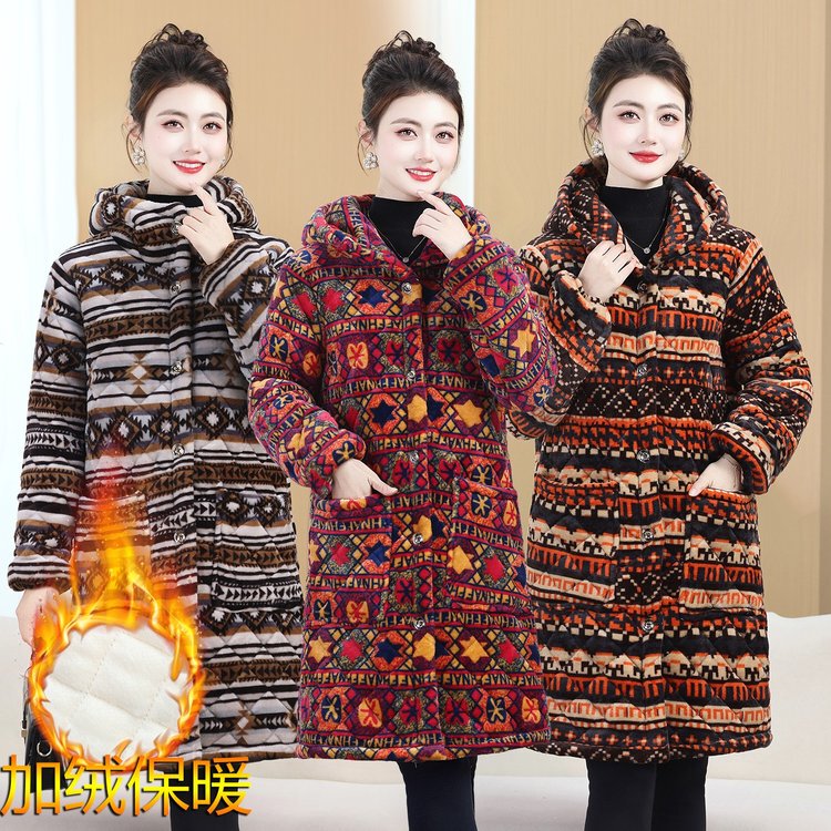 New Winter Clothing for Women, Home Wear, Cold-Proof and Warm Cotton Coat, Mid-Length, Large Size, Ethnic Style Printed Thick Cotton Jacket for Moms