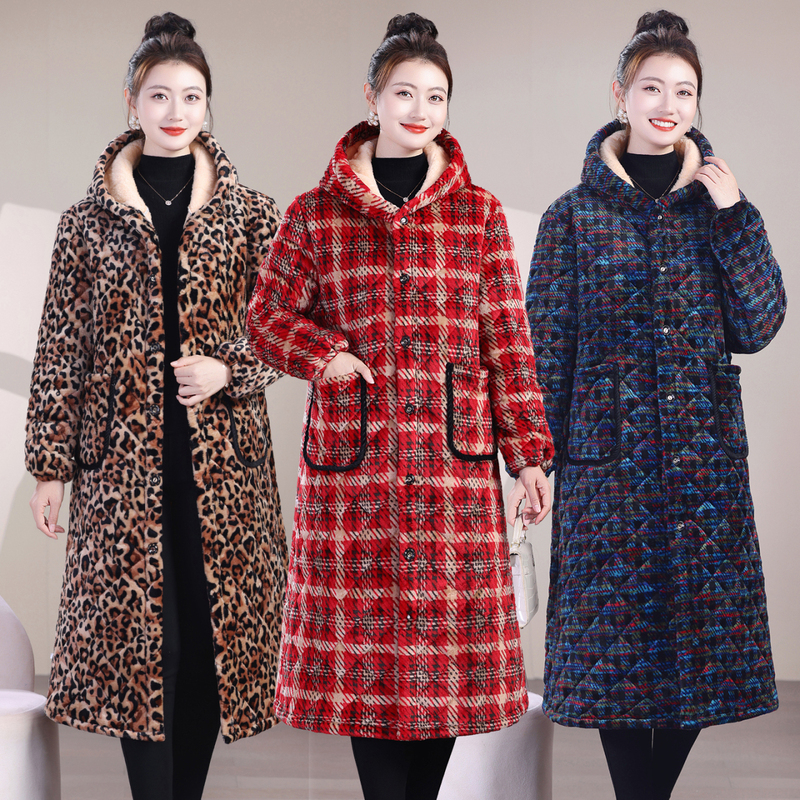 Hooded Cotton Coat for Women, Winter Warm Long Over-The-Knee Fleece-Lined Jacket, Three-Layer Quilted Thickened Cotton-Padded Coat
