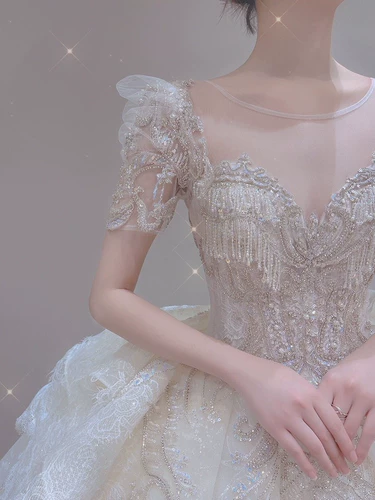 Французское главное свадебное платье 2023 Новая невеста, плечо, плечо, высокий смысл в стиле суда, роскошная тяжелая работа, высокая талия, хвост