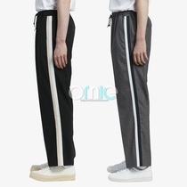 British classic wool texture side webbing trim tight drawstring elastic waist loose straight trousers