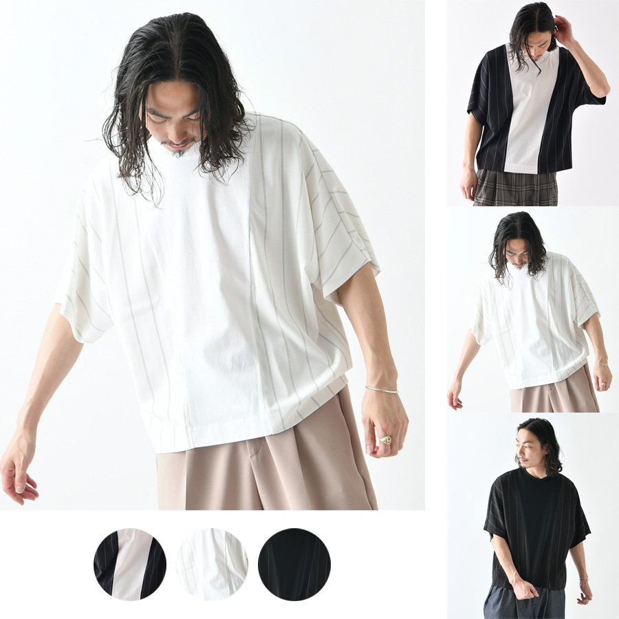 High-end Guido Exotic Material Splicing Pituality Flutter Vertical Stripes OVERIZE Relaxed Profile Shaped Round Collar T-Shirt