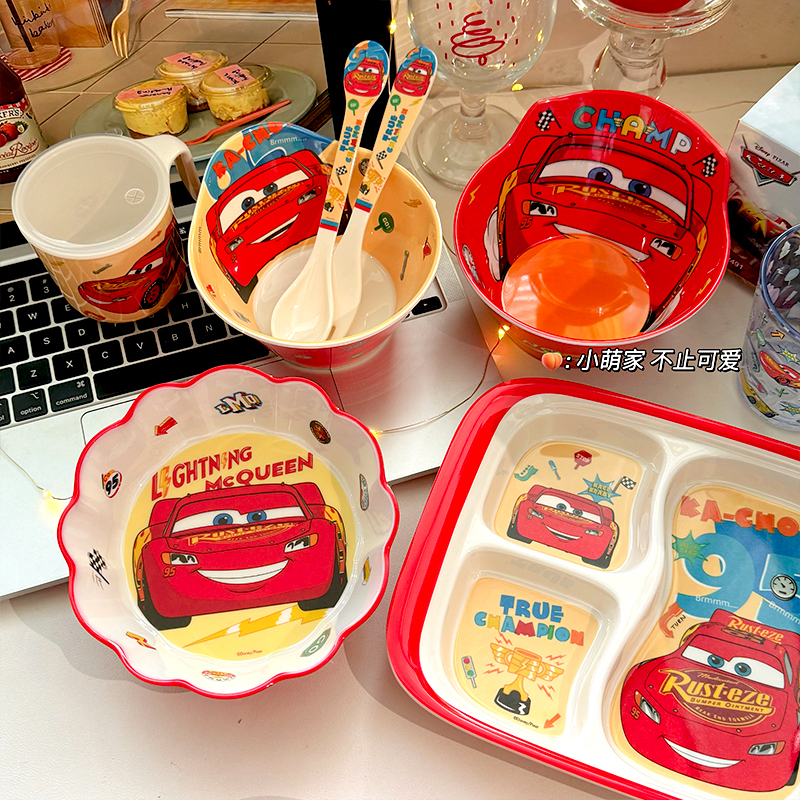 Authentic Car King Lightning Mcqueen Anti-Fall Melamine Food-Grade Tableware Bowl and Plate Set with Spoon and Fork