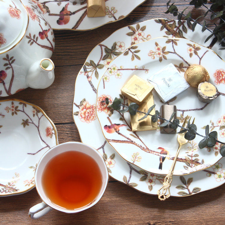 Retro English pastoral afternoon tea black teacup teapot European ceramic flower and bird coffee cup flower teacup tea set