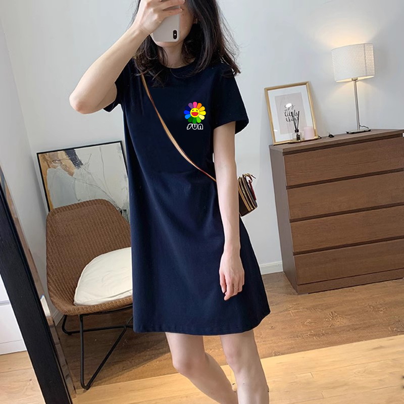 Navy Blue Hong Kong Style Short-Sleeved T-Shirt Dress for Women ins Summer Loose Mid-Length Pure Cotton T-Shirt Dress That Covers the Hips