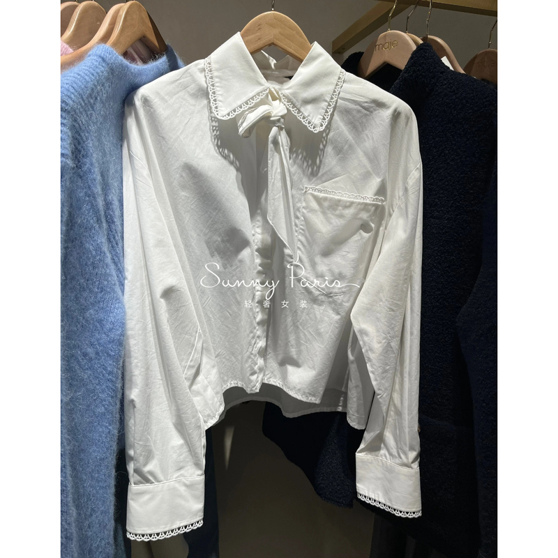 26 Spring and Summer New Style Mj* French Fashion Lace-Decorated Bow-Tie Square-Neck Long-Sleeved Shirt Top