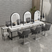 New Hairdressers Special Mirror Desk Hair Salon Hair Salon Bifacial Mirror Desk Mesh Red With Cabinet Brief with lamp Beauty Hair Mirror Table