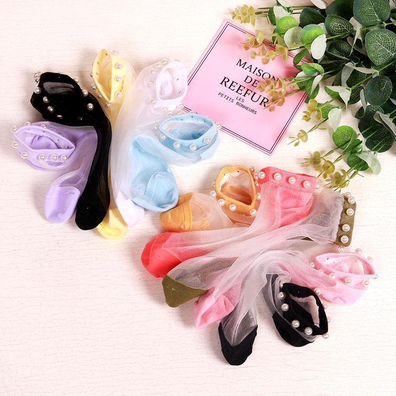 Crystal silk pearls Sox children (3 5 double) lace embroidered lace short socks thin fairy socks Korean version of the girl