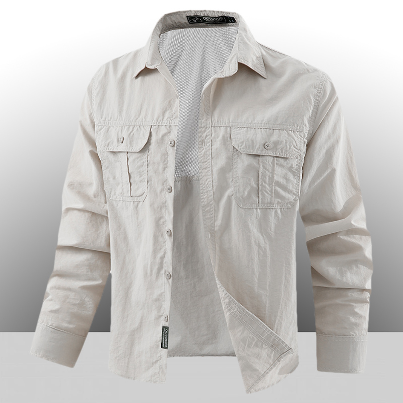 Workwear Style Lapel Double Pocket Long-Sleeved Shirt for Men, Spring and Summer Breathable Quick-Drying Loose Casual Thin Jacket Workwear Style Lapel Double Pocket Long-Sleeved Shirt for Men, Spring and Summer Breathable Quick-Drying Loose Casual Thin Jacket