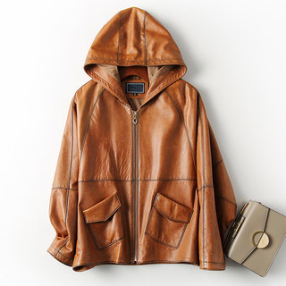 Plus-Size Genuine Leather Jacket for Women, Short Style, 2021 Autumn New Casual Loose Fit, Haining Hooded Sheepskin Jacket