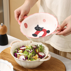 Underglaze Color Cartoon Double-Eared Ceramic Bowl 2024 New Cute Instant Noodle Bowl Personal Use Household Soup Bowl Tableware Bowl