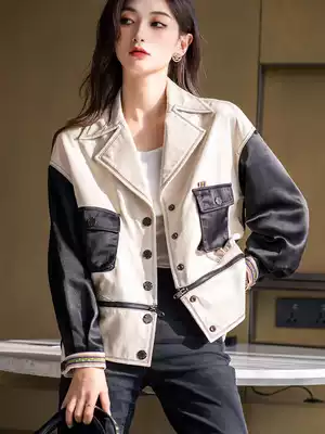 Leather clothing 2021 new female sheep leather splicing acetic acid black and white contrast color Korean design sense leather small man