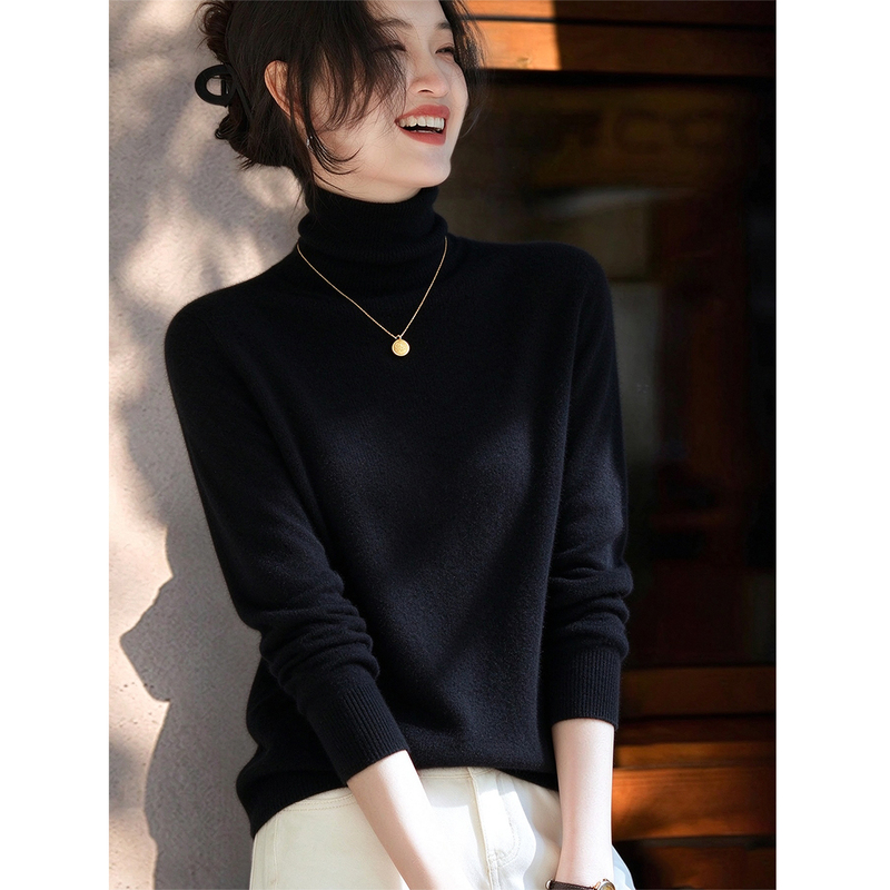 Relaxed High-End Style Turtleneck Wool Sweater for Women, Autumn and Winter High-Neck Base Layer, Black Loose-Fitting Inner Knit Sweater Relaxed High-End Style Turtleneck Wool Sweater for Women, Autumn and Winter High-Neck Base Layer, Black Loose-Fitting Inner Knit Sweater