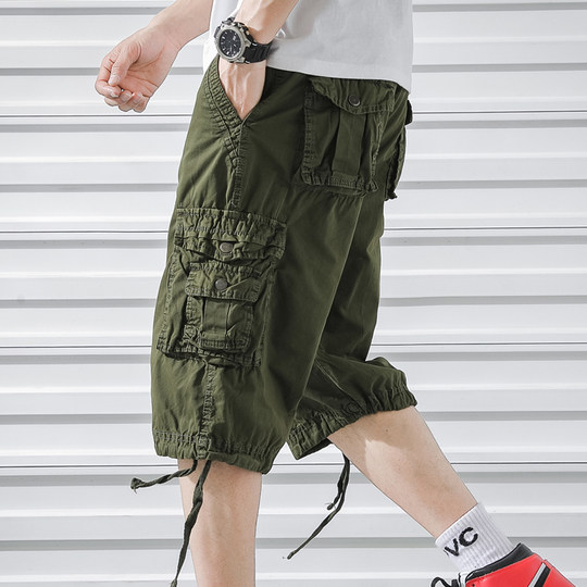 Summer men's shorts trendy brand cropped pants multi-pocket overalls European and American youth loose large size pants medium pants handsome