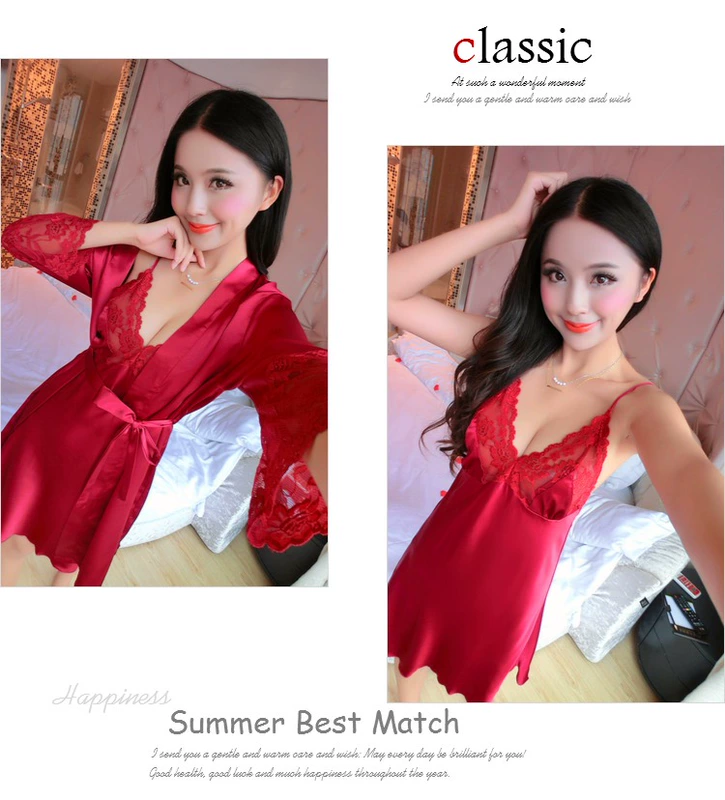 Đích thực đồ ngủ nữ nụ lụa sling nightdress áo choàng hai mảnh phù hợp với mùa thu và mùa đông sexy dịch vụ nhà