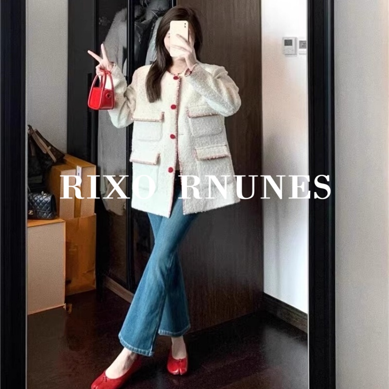 Rixo Rnunes French-Style Autumn and Winter White High-End Chanel-Style Coat for Women, Gentle Style Single-Breasted Woolen Jacket Rixo Rnunes French-Style Autumn and Winter White High-End Chanel-Style Coat for Women, Gentle Style Single-Breasted Woolen Jacket