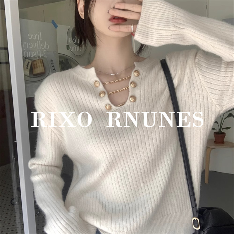 Rixo Rnunes French-Style Autumn and Winter White V-Neck Raccoon Fur Sweater for Women, Lazy Thick Pullover Knitwear Rixo Rnunes French-Style Autumn and Winter White V-Neck Raccoon Fur Sweater for Women, Lazy Thick Pullover Knitwear