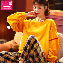 Pajamas women autumn and winter thick flannel set home clothes women long sleeve coral velvet cute round neck plus fat plus size